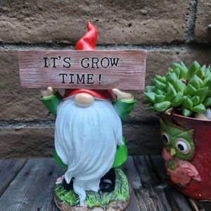 Whimsical Garden Gnome Statue Garden Decor Yard Art It's GROW Time 10" H